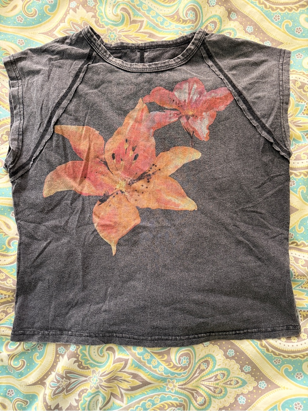 100% cotton T, soft black/charcoal gray with big flower print - new, never worn